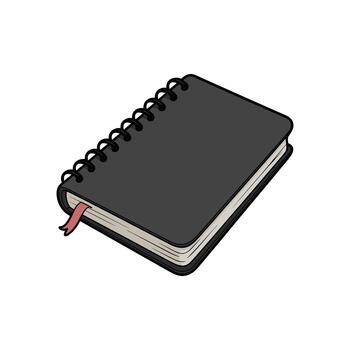 A closed, black notebook is depicted with a coil binding and a red bookmark. The notebook is placed on a white background, emphasizing its form and function. vector