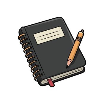 An isolated eye-level shot of a black spiral bound notebook with a pencil and a bookmark on a white background. It is an illustration. vector