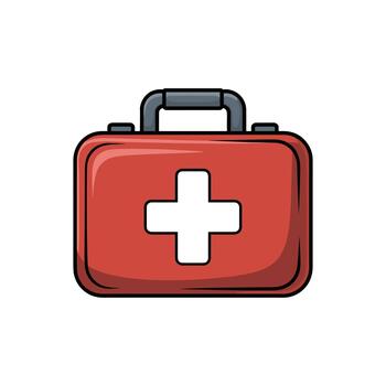 An illustration of a closed red first aid kit, with a white cross symbol displayed on the front. A grey handle is on top of the medical kit, for emergencies. vector