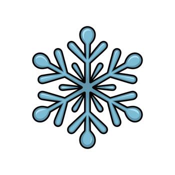 A single, stylized blue snowflake with a defined black outline, isolated against a white background. Its rounded design evokes a lighthearted and cheerful aesthetic. vector
