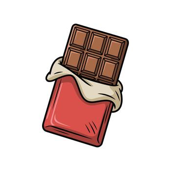 Close up view of a unwrapped chocolate bar. The bar is divided into equal squares, tempting to eat. Wrapped in bright red foil ready to eat. vector