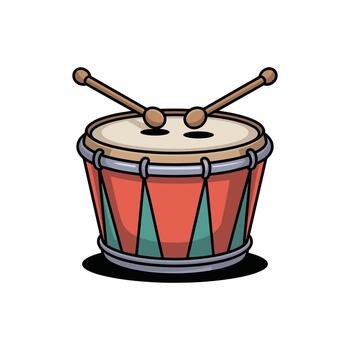 A cartoon-style image of a red and green drum with drumsticks. The drum features a striped pattern and is isolated on a white background. vector