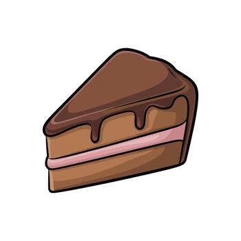 Isolated on a white background, a triangle slice of layered chocolate cake glistens. It features a visible pink cream filling and a glossy dark chocolate drip. vector