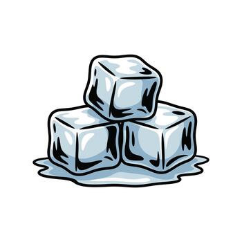 un dibujos animados estilo imagen muestra Tres hielo cubitos apilado en parte superior de cada otro. el hielo es derritiendo, dejando un charco de agua debajo el cubitos. conjunto en contra un blanco fondo. vector