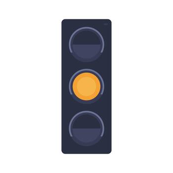 Traffic light with glowing yellow caution signal, semaphore device for city road safety, warning indicator for driving and transportation control flat illustration. vector