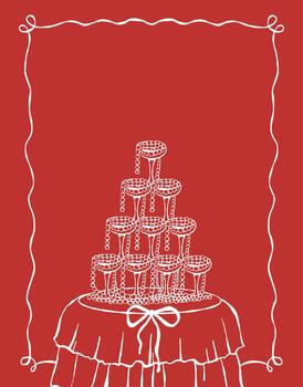 An elegantly set table with a display of wine glasses. A card template with space for text for Valentines Day or a wedding. A flirty tablecloth. A romantic dinner. outline illustration on a red background vector