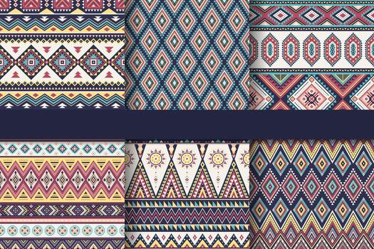 étnico sin costura patrones. conjunto de azteca geométrico antecedentes. colección de elegante navajo tela. tribal moderno resumen vistoso a rayas ilustración. vector