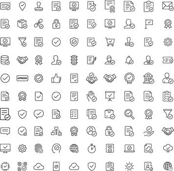 Set of 100 approval icons in black line style for web design and website applications vector
