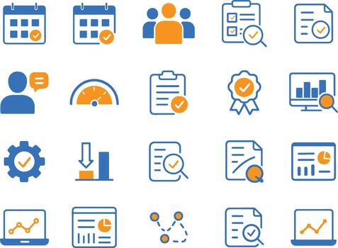 Performance metrics data visualization and audit icon set featuring scheduling teamwork communication reports and quality control symbols vector