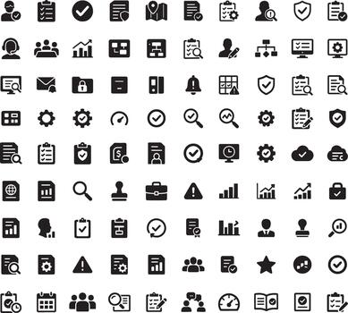 documento y negocio datos análisis sólido íconos conjunto incluso Lista de Verificación gráfico proteger aumentador vaso y usuario perfil vector