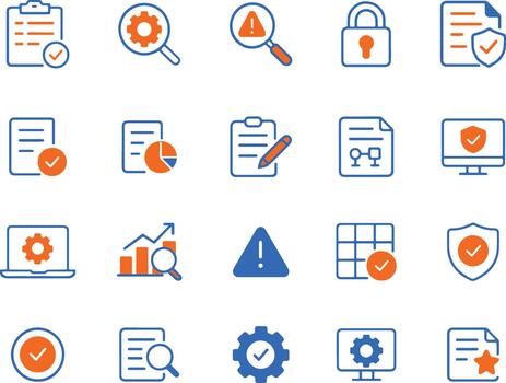 Security management verification documentation and data processing icon set featuring lock warning search analysis and configuration symbols vector