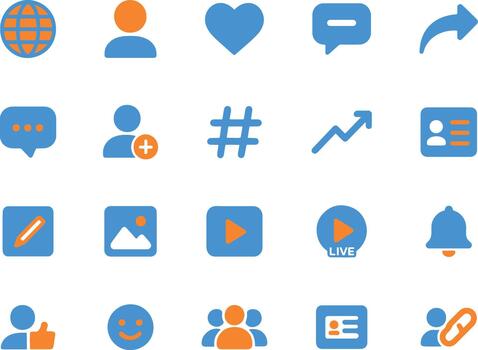 global red social medios de comunicación y compromiso icono conjunto presentando en todo el mundo símbolo corazón charla caja y usuario perfil gráficos vector