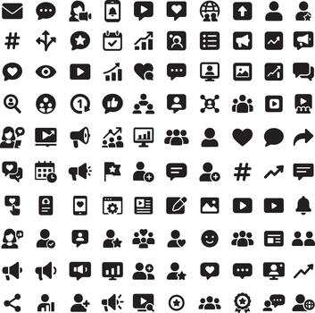 conjunto de social medios de comunicación y comunicación íconos en sólido estilo, colección de sencillo símbolos tal como mensaje, compartir vector