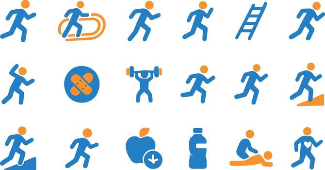 Set of running icons featuring diverse running actions sports equipment and recovery items on white background vector