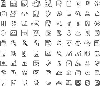 Document and business data analysis line icons set including calendar charts clipboard magnifying glass and shield vector