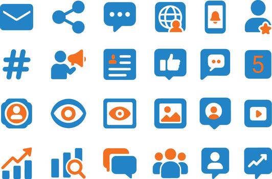 conjunto de social medios de comunicación y comunicación íconos en plano estilo, colección de sencillo símbolos tal como correo electrónico, compartir vector