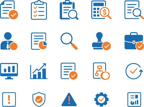 Business analysis quality control and compliance management icon set outlining processes documentation security and audit symbols vector