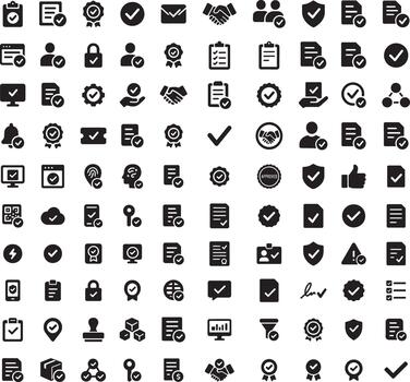 Set of 100 approval icons in black solid style for web design and website applications vector