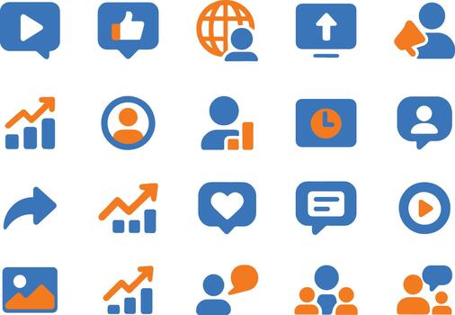 Set of social media marketing icons in flat style, collection of simple symbols such as play, like, global network vector