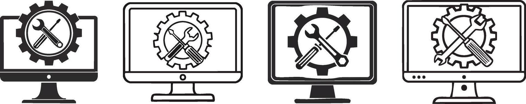 Maintenance mode icon featuring wrench and gear inside monitor frame symbolizing repair settings and essential technical service operations vector