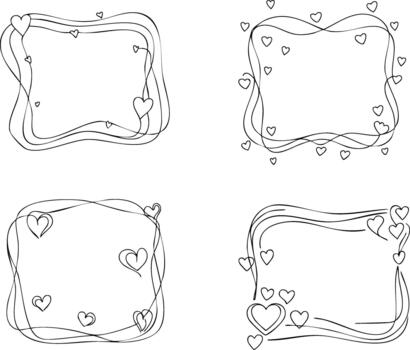 Wavy rectangular frame with heart corners designed in continuous minimalist line art style for cute decorative graphics vector