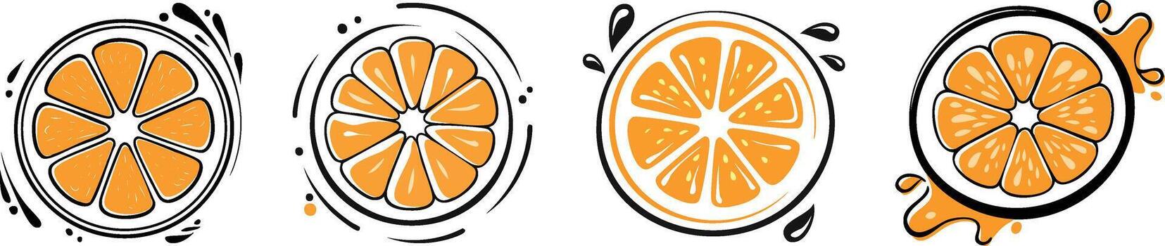 Orange slice with curved juice splash lines depicted in bold dynamic minimal monoline for refreshing citrus illustration vector