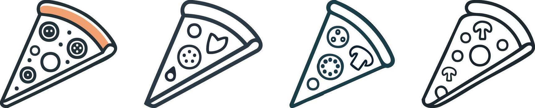 Classic pizza slice icon in smooth monoline style showing curved crust and minimal topping details vector