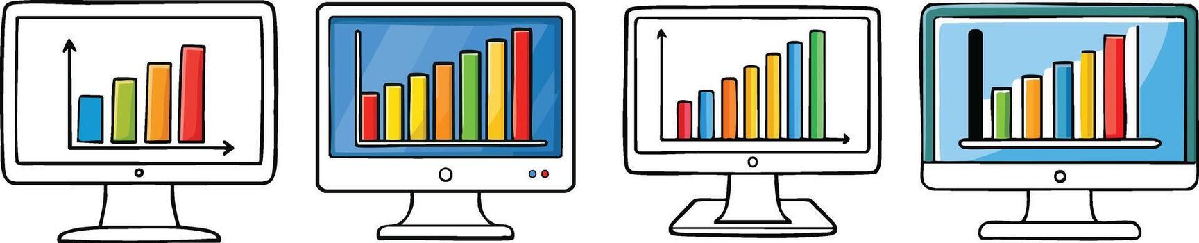 computadora monitor con bar grafico ilustrado en mínimo línea Arte simbolizando productividad tablero analítica y actuación vector