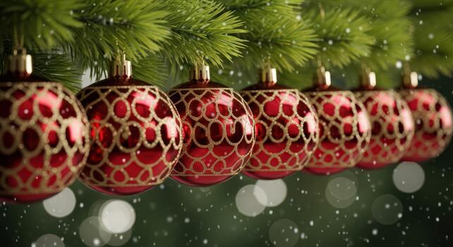 Red christmas balls hang from branches with falling snow effect photo