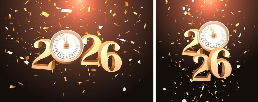 golden 2026 number with clock 3d illustration with falling confetti on light effect black background vector