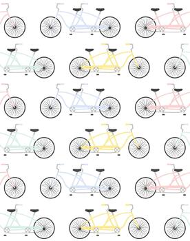 Seamless pattern of different color flat cartoon double pair bicycle isolated on white background vector