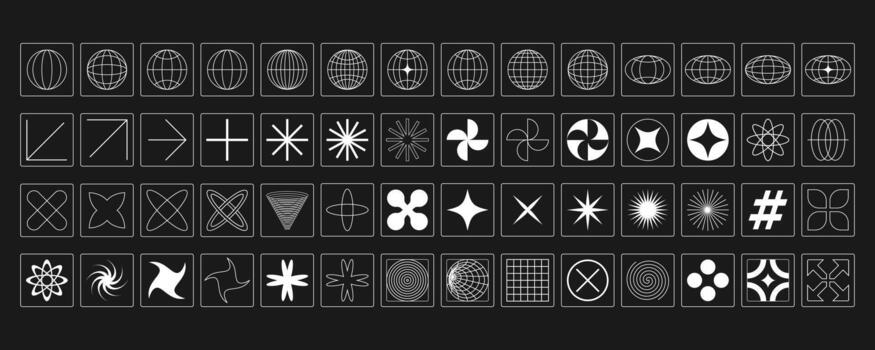 Y2K Geometric Symbols and Brutalist Abstract Shapes Collection in Black Frames with Circles Stars and Minimal Forms vector