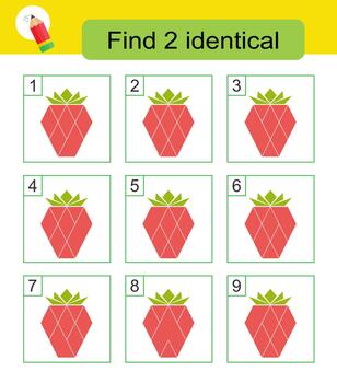 Need to find two identical Answer is 5,9. Cartoon pink raspberry vector