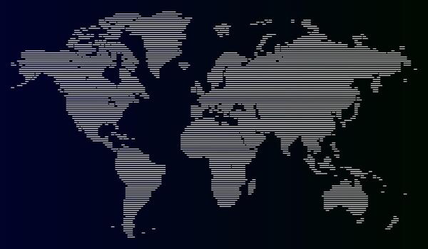 Global digital world map horizontal line pattern art view. Digital horizontal black line pattern world map with a global view of continents for business, technology, and travel purposes. vector