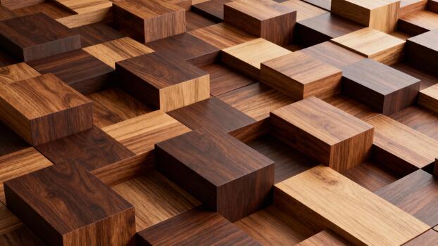 A decorative wooden backdrop composed of multicolored rectangular blocks forming a three-dimensional geometric pattern. A warm, textured backdrop for interior design projects. photo