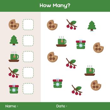 Count how many objects. Counting game on winter theme. Educational mathematical game. Counting game for children. Template for how many. vector