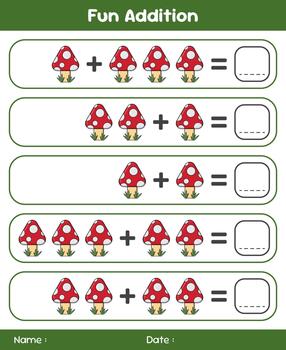 Game for children addition by counting mushrooms. Educational mathematical game. Addition game for children. Kids activity sheet. Template for addition vector
