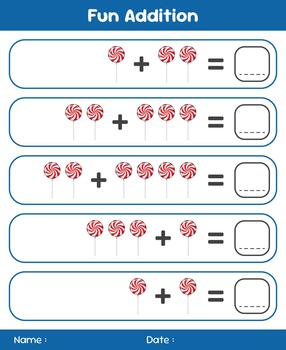 Game for children addition by counting lollipops. Educational mathematical game. Addition game for children. Kids activity sheet. Template for addition vector