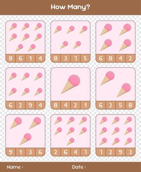 Count the number of ice creams. Educational mathematical game. Counting game for children. Kids activity sheet. Templates for how many vector