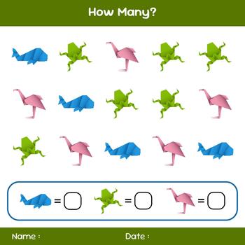 Count how many objects. Educational mathematical game. Counting game for children. Kids activity sheet. Template for how many vector