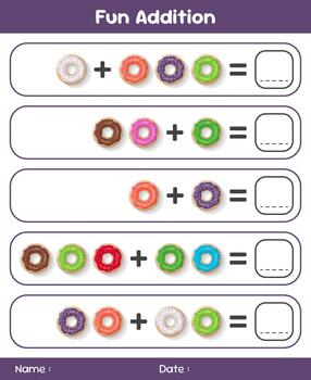 Game for children addition by counting donuts. Educational mathematical game. Addition game for children. Kids activity sheet. Template for addition vector