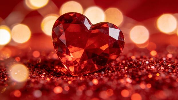 un deslumbrante macro Disparo de un facetado en forma de corazon rubí descansando en rojo Brillantina. suave bokeh antecedentes con brillante círculos crea un romántico y lujoso San Valentín día humor. foto