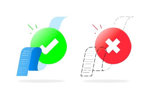 illustration of payment receipt with both green check mark and red cross symbol. successful and failed transactions. payment status, approved or declined billing, financial verification results vector