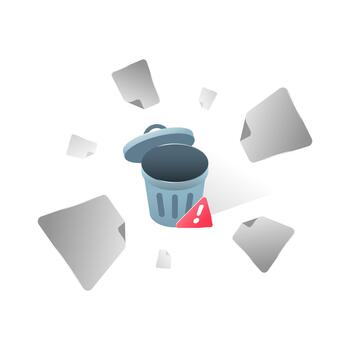 Illustration of multiple paper sheets flying into trash bin. delete all action, data removal, file cleanup, or permanent deletion. concept for ui alerts, confirmation dialogs, system warnings vector