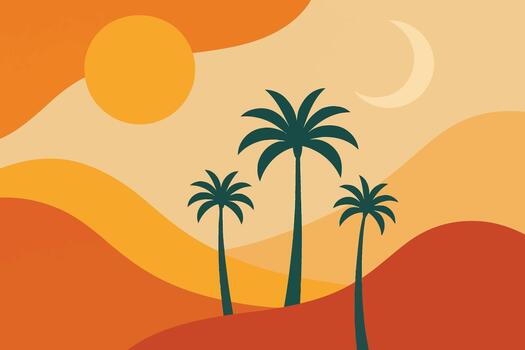palm trees in the desert with a sun and moon vector