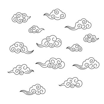 Black line art of various ornamental Chinese style clouds on isolated background. Traditional abstract pattern for Lunar new year backgrounds, print design, themes related to Asia, Chinese New Year. vector