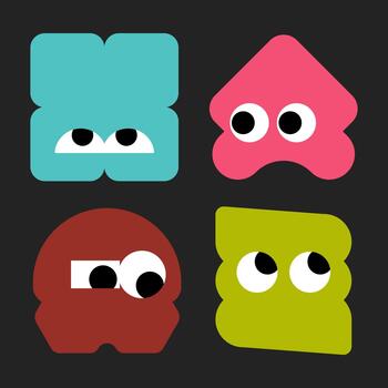 Set of cute colorful abstract geometric monster characters with funny face expressions on black background vector
