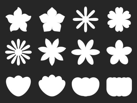 conjunto de blanco silueta flor íconos y resumen botánico formas aislado en negro antecedentes para modelo o logo diseño vector