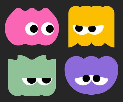 Set of four cute abstract blob characters with funny eyes and expressions on black background for stickers or mascots vector