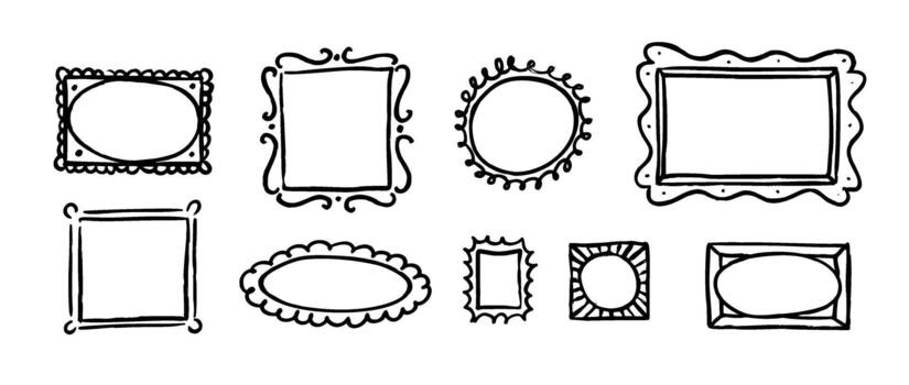Doodled picture frame set. Hand drawn photo and image gallery border collection. 9 scribbled art frame layout composition. Sketched mood board collage template. Memory wall arrangement idea vector
